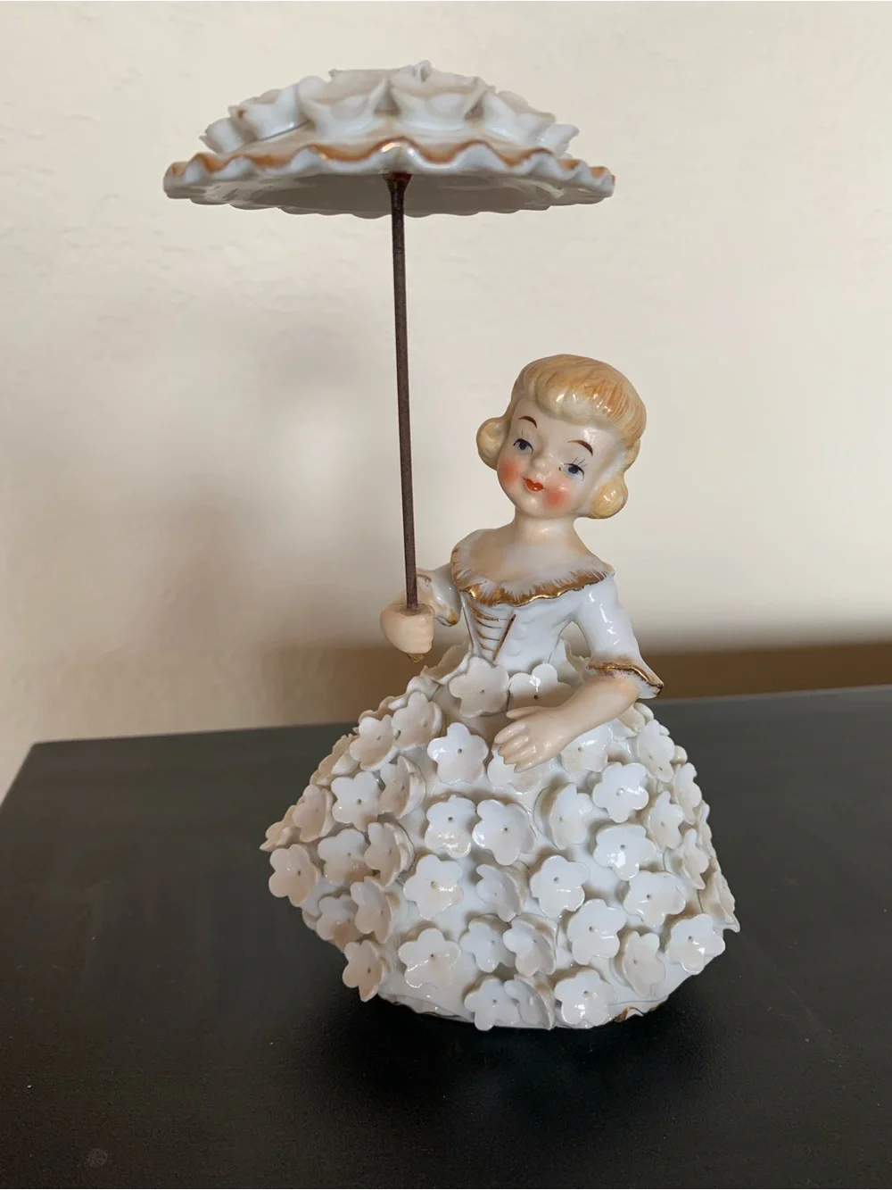 Vintage Porcelain Figurine Girl with Parasol - White and Gold Accents